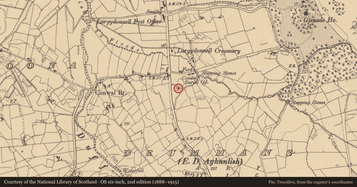 Ordnance Survey six-inch map, 2nd edition (1888–1915) covering the location of Headstone, Drummans, County Leitrim, with a pin at the register's coordinates