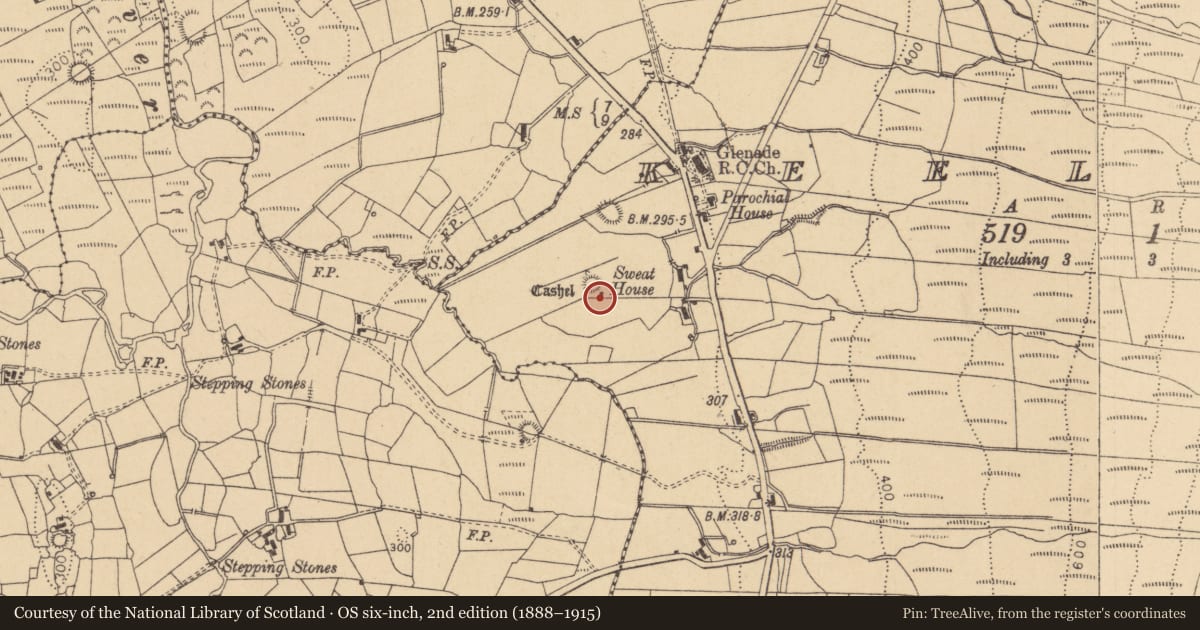 Ordnance Survey six-inch map, 2nd edition (1888–1915) covering the location of Sweathouse, Keeloges, County Leitrim, with a pin at the register's coordinates