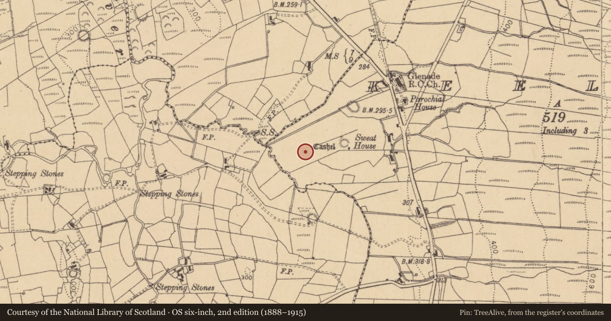 Ordnance Survey six-inch map, 2nd edition (1888–1915) covering the location of Megalithic structure, Keeloges, County Leitrim, with a pin at the register's coordinates