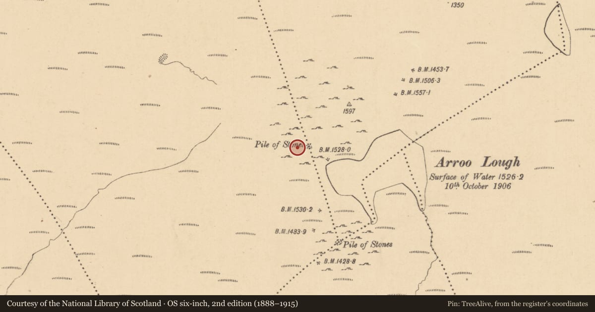 Ordnance Survey six-inch map, 2nd edition (1888–1915) covering the location of Cairn - boundary cairn, Aghanlish, Arroo, County Leitrim, with a pin at the register's coordinates