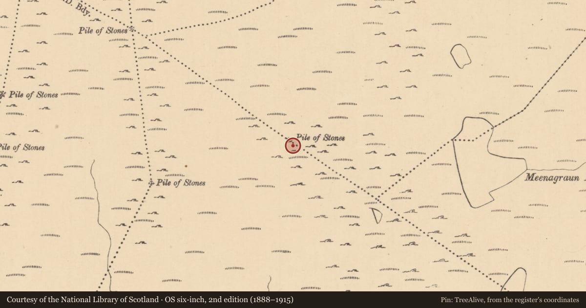 Ordnance Survey six-inch map, 2nd edition (1888–1915) covering the location of Cairn - boundary cairn, Leckanarainey, Meenagraun, County Leitrim, with a pin at the register's coordinates