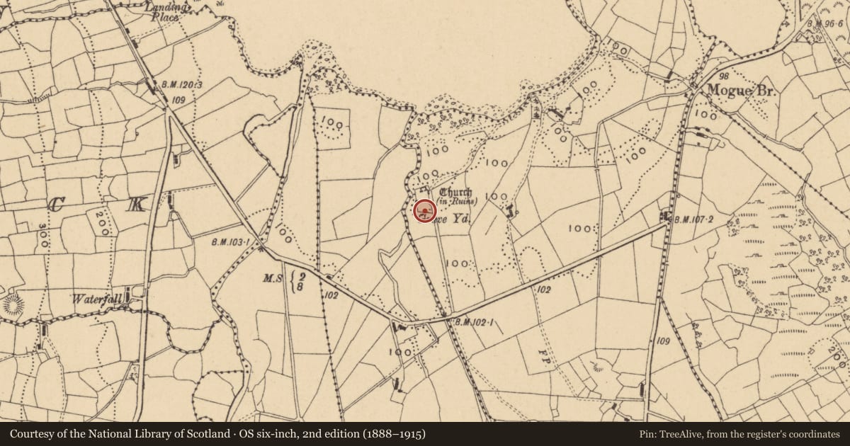 Ordnance Survey six-inch map, 2nd edition (1888–1915) covering the location of Graveyard, Gubalaun, County Leitrim, with a pin at the register's coordinates