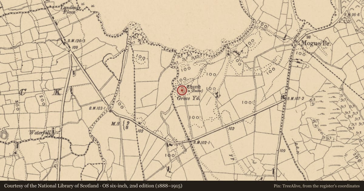 Ordnance Survey six-inch map, 2nd edition (1888–1915) covering the location of Cross-slab, Gubalaun, County Leitrim, with a pin at the register's coordinates