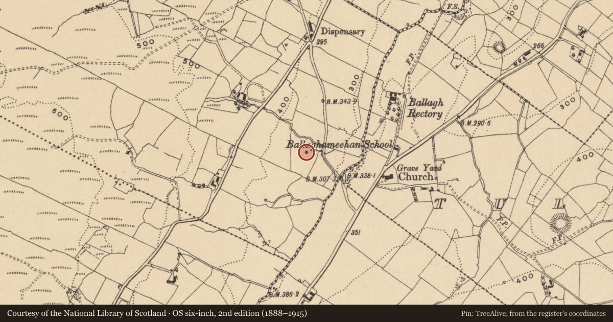Ordnance Survey six-inch map, 2nd edition (1888–1915) covering the location of Church, Derrynahimmirk, County Leitrim, with a pin at the register's coordinates