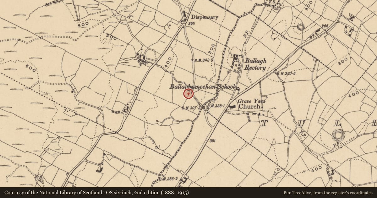 Ordnance Survey six-inch map, 2nd edition (1888–1915) covering the location of Ritual site - holy well, Derrynahimmirk, County Leitrim, with a pin at the register's coordinates
