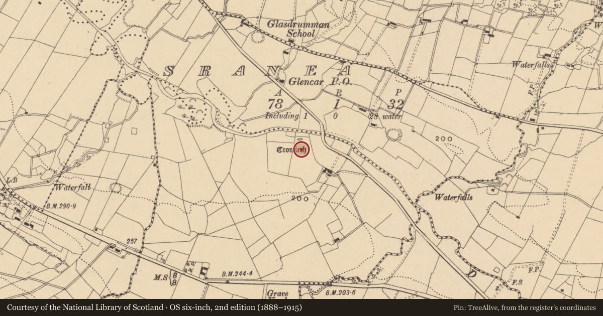 Ordnance Survey six-inch map, 2nd edition (1888–1915) covering the location of Megalithic structure, Lugnafaughery, County Leitrim, with a pin at the register's coordinates