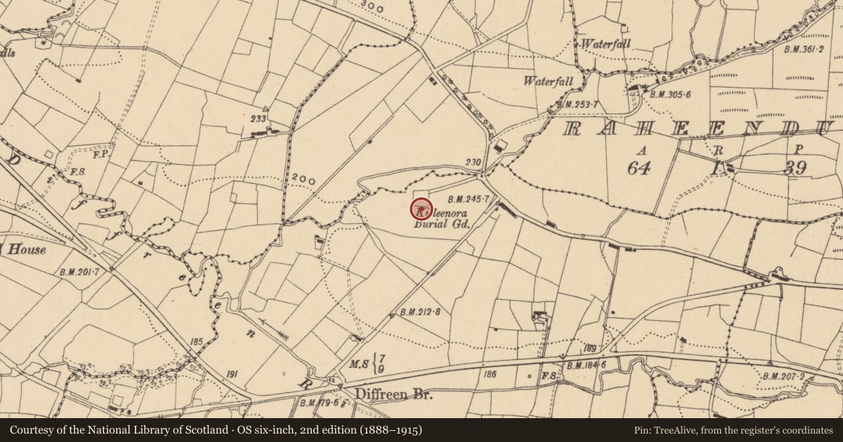 Ordnance Survey six-inch map, 2nd edition (1888–1915) covering the location of Graveyard, Diffreen, County Leitrim, with a pin at the register's coordinates