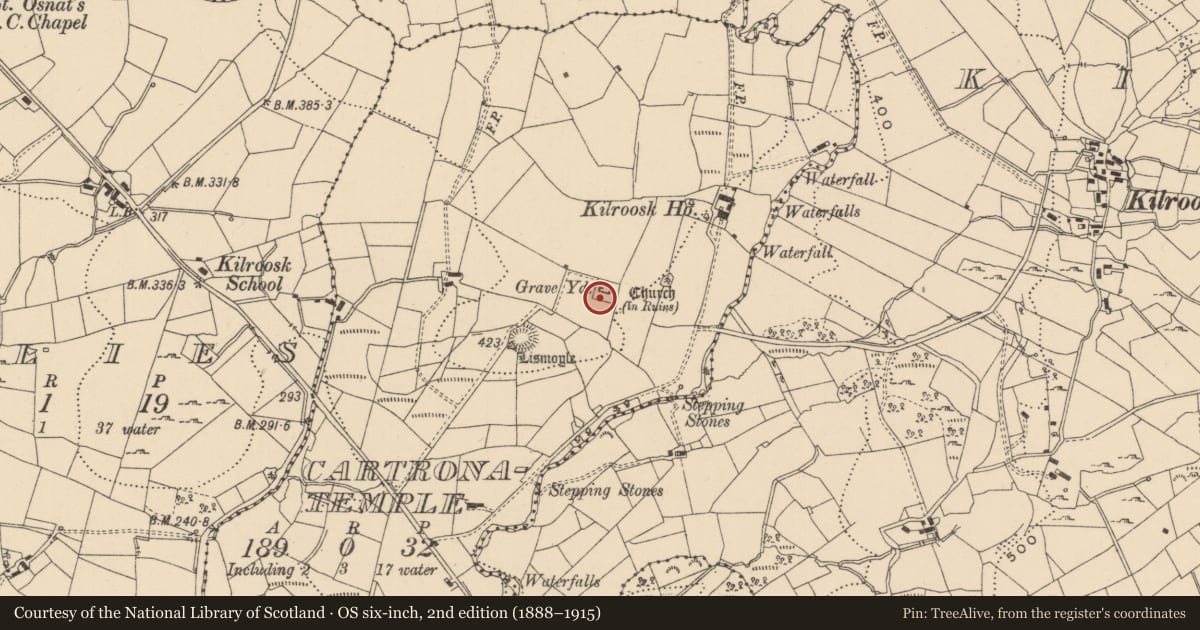 Ordnance Survey six-inch map, 2nd edition (1888–1915) covering the location of Bullaun stone, Cartronatemple, County Leitrim, with a pin at the register's coordinates