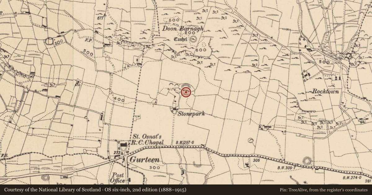 Ordnance Survey six-inch map, 2nd edition (1888–1915) covering the location of Ringfort - rath, Carrickeeny, County Leitrim, with a pin at the register's coordinates