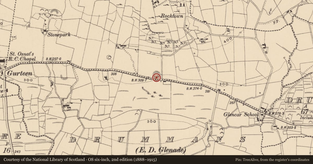 Ordnance Survey six-inch map, 2nd edition (1888–1915) covering the location of Ringfort - rath, Carrickeeny, County Leitrim, with a pin at the register's coordinates