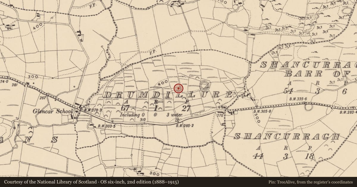 Ordnance Survey six-inch map, 2nd edition (1888–1915) covering the location of Ringfort - rath, Drumdillure, County Leitrim, with a pin at the register's coordinates