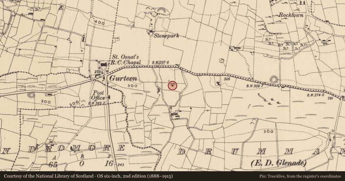 Ordnance Survey six-inch map, 2nd edition (1888–1915) covering the location of Ringfort - rath, Drummans, County Leitrim, with a pin at the register's coordinates