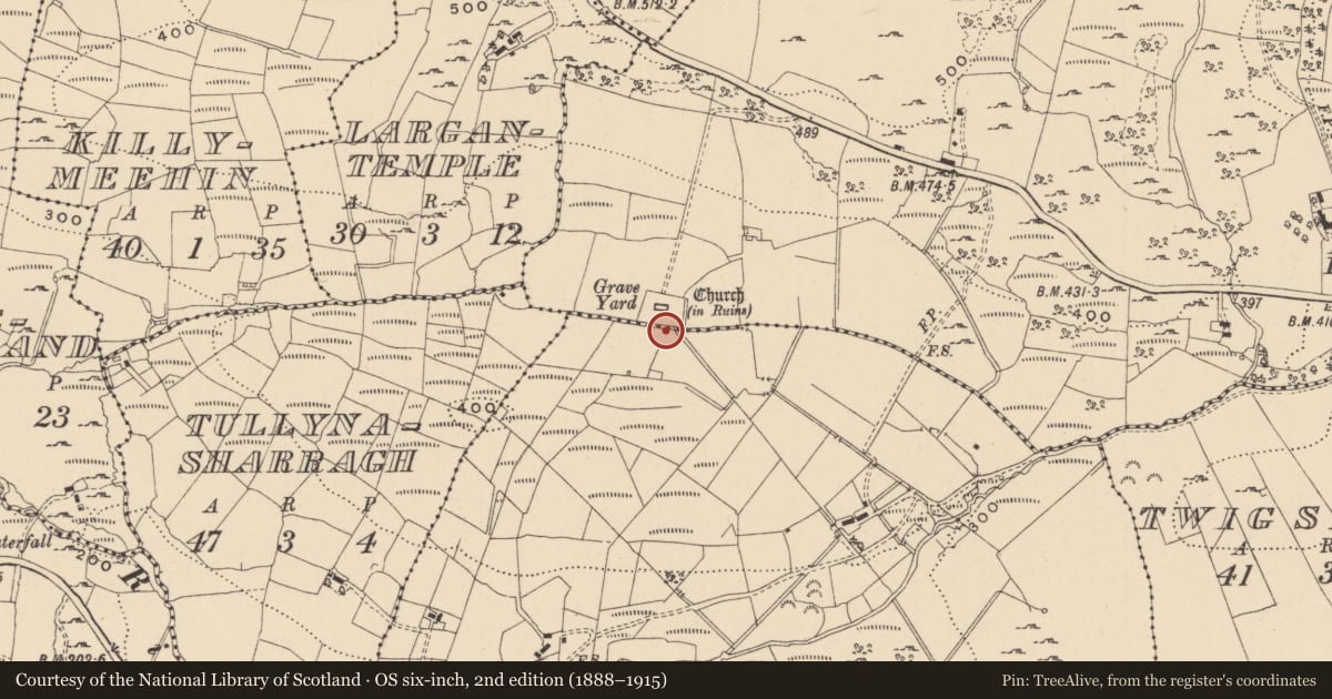 Ordnance Survey six-inch map, 2nd edition (1888–1915) covering the location of Graveyard, Nure, County Leitrim, with a pin at the register's coordinates