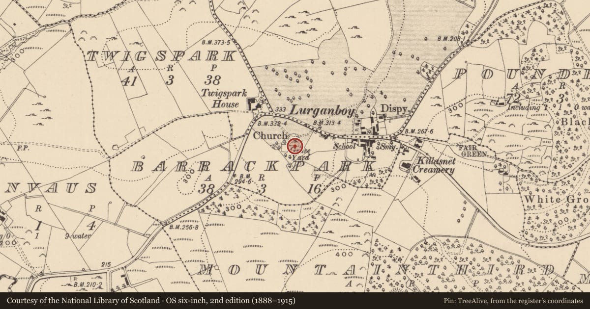 Ordnance Survey six-inch map, 2nd edition (1888–1915) covering the location of Church, Barrackpark, County Leitrim, with a pin at the register's coordinates
