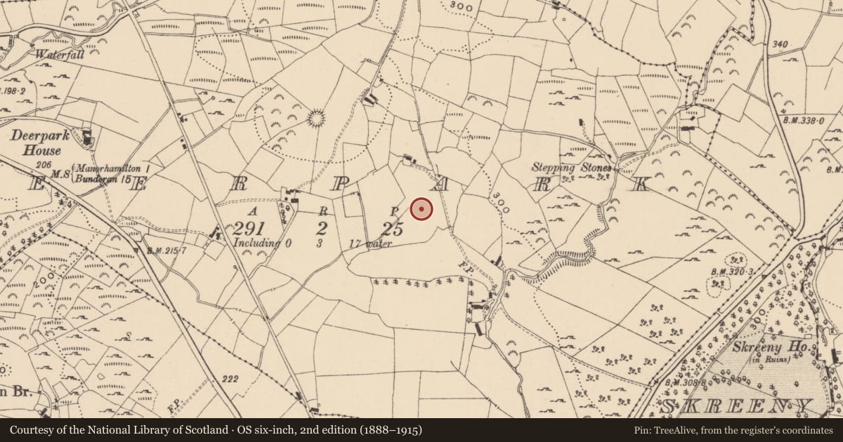 Ordnance Survey six-inch map, 2nd edition (1888–1915) covering the location of Fulacht fia, Deerpark, County Leitrim, with a pin at the register's coordinates