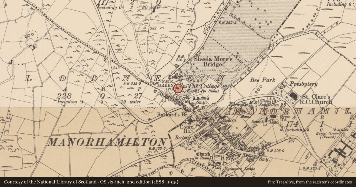 Ordnance Survey six-inch map, 2nd edition (1888–1915) covering the location of House - fortified house, Clooneen, County Leitrim, with a pin at the register's coordinates