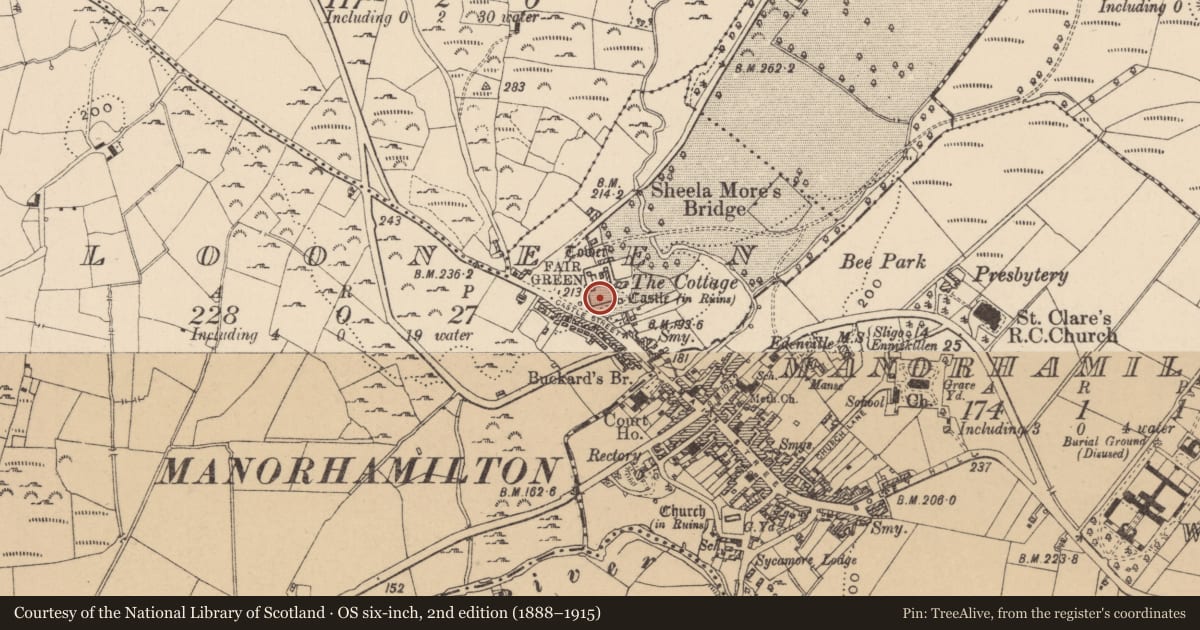 Ordnance Survey six-inch map, 2nd edition (1888–1915) covering the location of Bawn, Clooneen, County Leitrim, with a pin at the register's coordinates