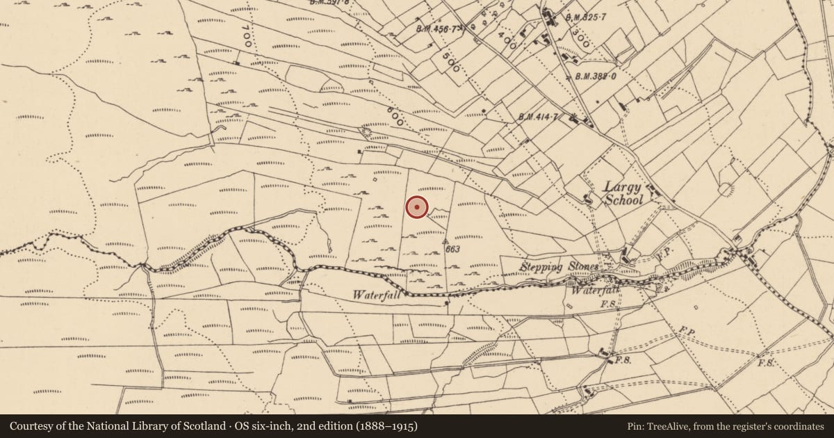 Ordnance Survey six-inch map, 2nd edition (1888–1915) covering the location of Megalithic tomb - court tomb, Largy, County Leitrim, with a pin at the register's coordinates