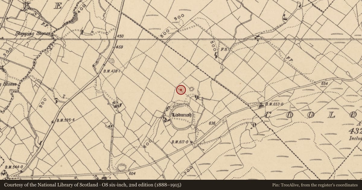 Ordnance Survey six-inch map, 2nd edition (1888–1915) covering the location of Barrow - mound barrow, Lisdarush, County Leitrim, with a pin at the register's coordinates