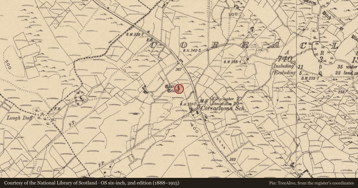 Ordnance Survey six-inch map, 2nd edition (1888–1915) covering the location of Megalithic tomb - unclassified, Corracloona, County Leitrim, with a pin at the register's coordinates