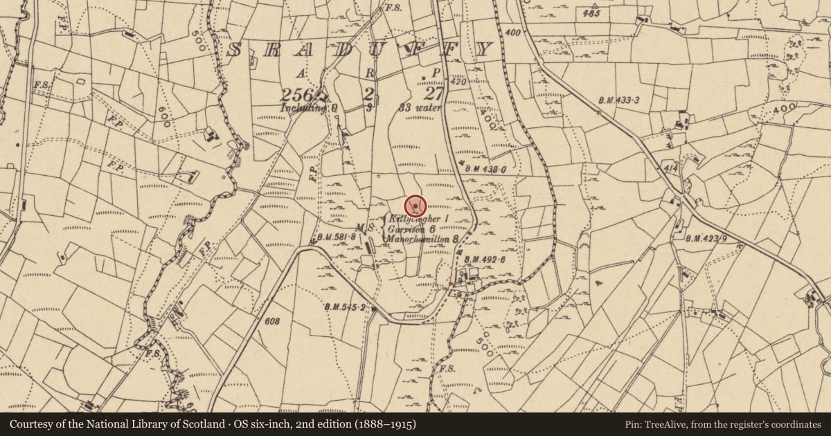 Ordnance Survey six-inch map, 2nd edition (1888–1915) covering the location of Mass-rock, Sraduffy, County Leitrim, with a pin at the register's coordinates