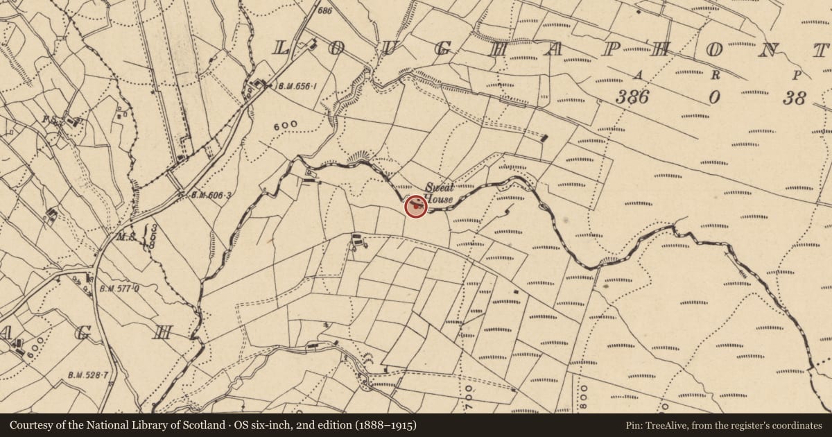 Ordnance Survey six-inch map, 2nd edition (1888–1915) covering the location of Sweathouse, Loughaphonta Barr, County Leitrim, with a pin at the register's coordinates