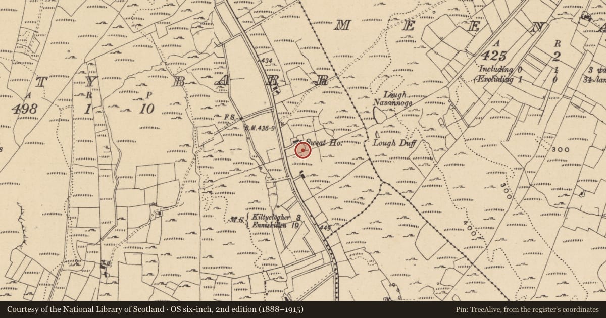 Ordnance Survey six-inch map, 2nd edition (1888–1915) covering the location of Sweathouse, Laghty Barr, County Leitrim, with a pin at the register's coordinates