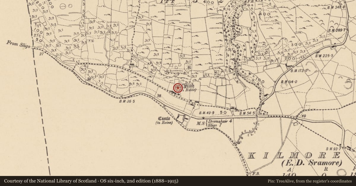 Ordnance Survey six-inch map, 2nd edition (1888–1915) covering the location of Graveyard, Cartron, County Leitrim, with a pin at the register's coordinates
