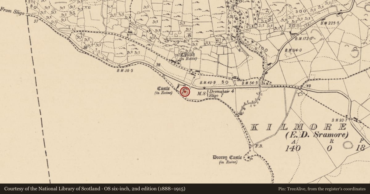 Ordnance Survey six-inch map, 2nd edition (1888–1915) covering the location of House - fortified house, Kilmore, County Leitrim, with a pin at the register's coordinates