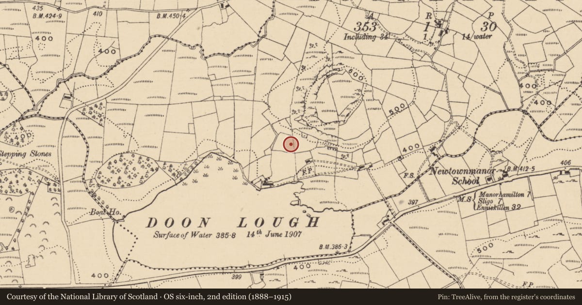 Ordnance Survey six-inch map, 2nd edition (1888–1915) covering the location of Ringfort - cashel, Doonkelly, County Leitrim, with a pin at the register's coordinates