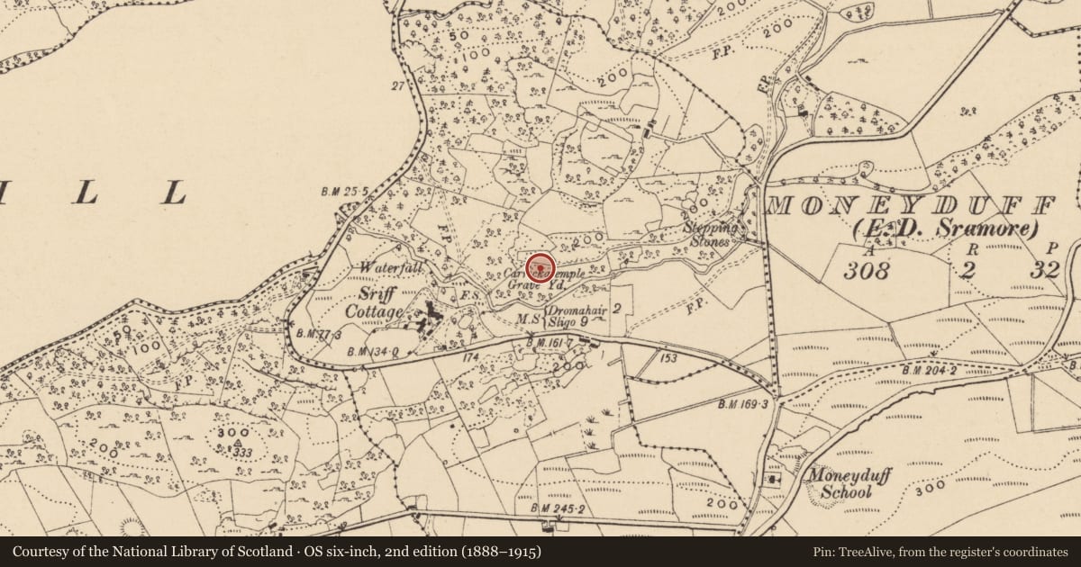 Ordnance Survey six-inch map, 2nd edition (1888–1915) covering the location of Burial ground, Sriff, County Leitrim, with a pin at the register's coordinates