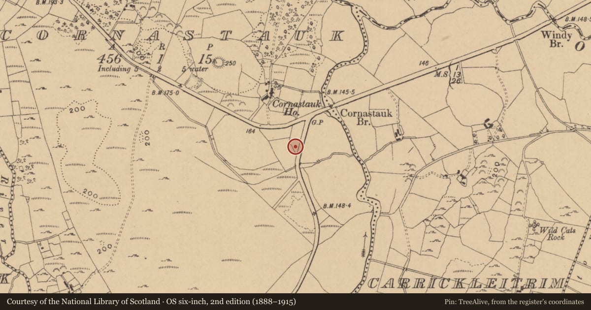 Ordnance Survey six-inch map, 2nd edition (1888–1915) covering the location of Ringfort - unclassified, Cornastauk, County Leitrim, with a pin at the register's coordinates