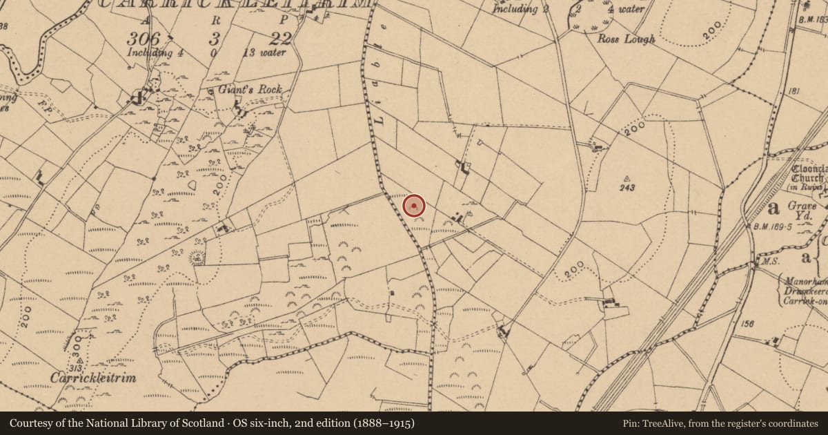 Ordnance Survey six-inch map, 2nd edition (1888–1915) covering the location of Earthwork, Ross, County Leitrim, with a pin at the register's coordinates