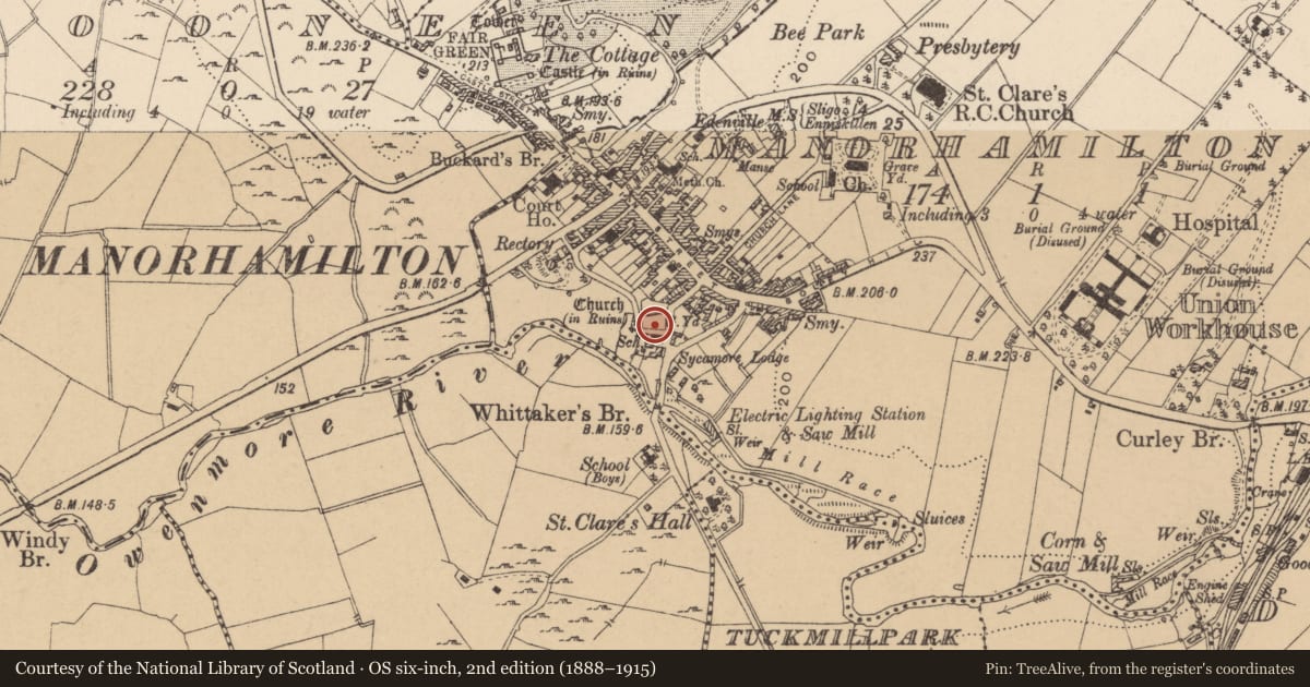 Ordnance Survey six-inch map, 2nd edition (1888–1915) covering the location of Church, Manorhamilton, County Leitrim, with a pin at the register's coordinates