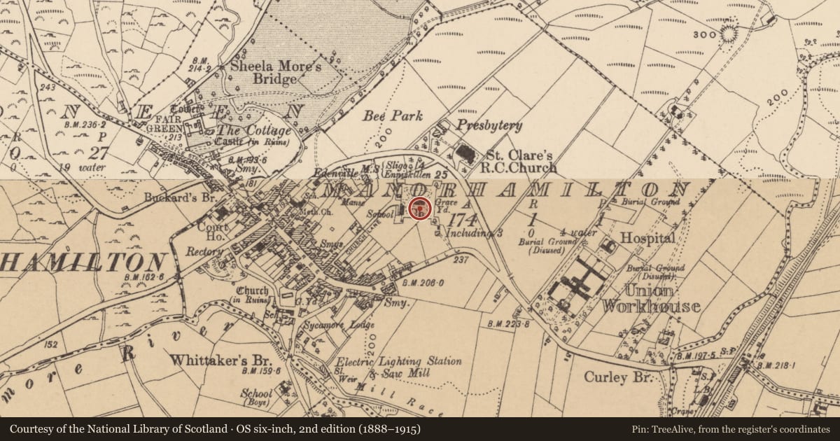Ordnance Survey six-inch map, 2nd edition (1888–1915) covering the location of Bastioned fort, Manorhamilton, County Leitrim, with a pin at the register's coordinates