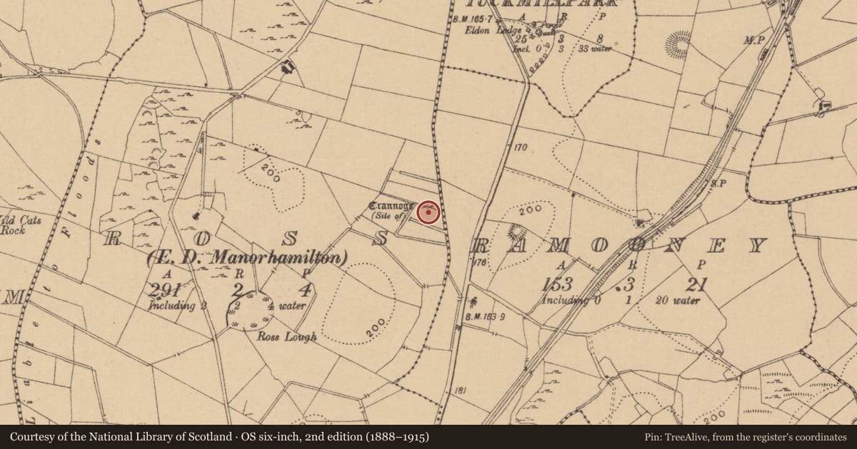 Ordnance Survey six-inch map, 2nd edition (1888–1915) covering the location of Crannog, Ross, County Leitrim, with a pin at the register's coordinates