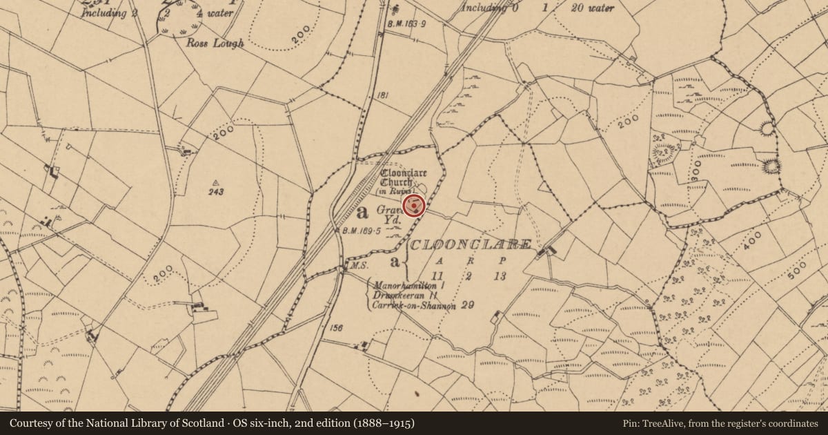 Ordnance Survey six-inch map, 2nd edition (1888–1915) covering the location of Church, Cloonclare, County Leitrim, with a pin at the register's coordinates