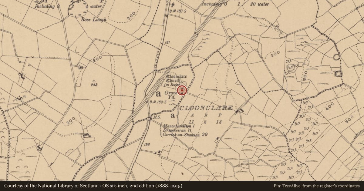 Ordnance Survey six-inch map, 2nd edition (1888–1915) covering the location of Tomb - effigial, Cloonclare, County Leitrim, with a pin at the register's coordinates