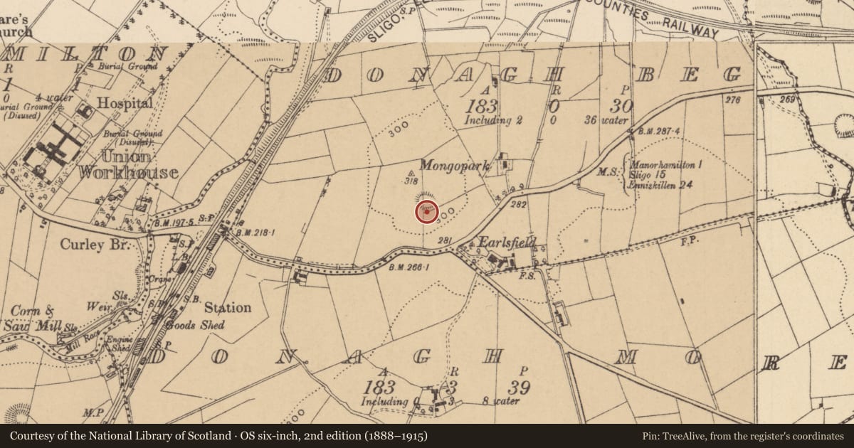 Ordnance Survey six-inch map, 2nd edition (1888–1915) covering the location of Ringfort - rath, Donagh Beg, County Leitrim, with a pin at the register's coordinates