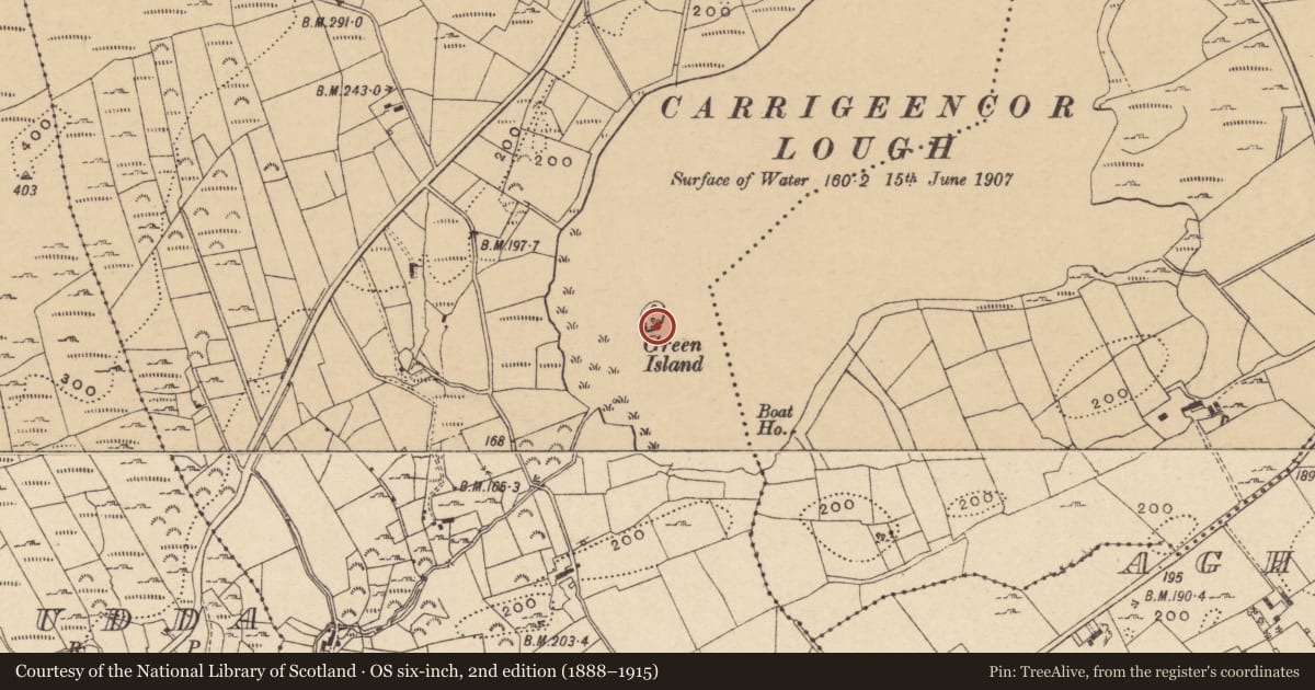 Ordnance Survey six-inch map, 2nd edition (1888–1915) covering the location of Crannog, Kilcoosy, County Leitrim, with a pin at the register's coordinates