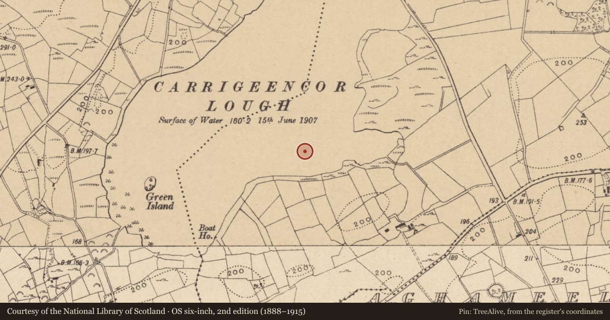 Ordnance Survey six-inch map, 2nd edition (1888–1915) covering the location of Crannog, Carrigeencor, County Leitrim, with a pin at the register's coordinates