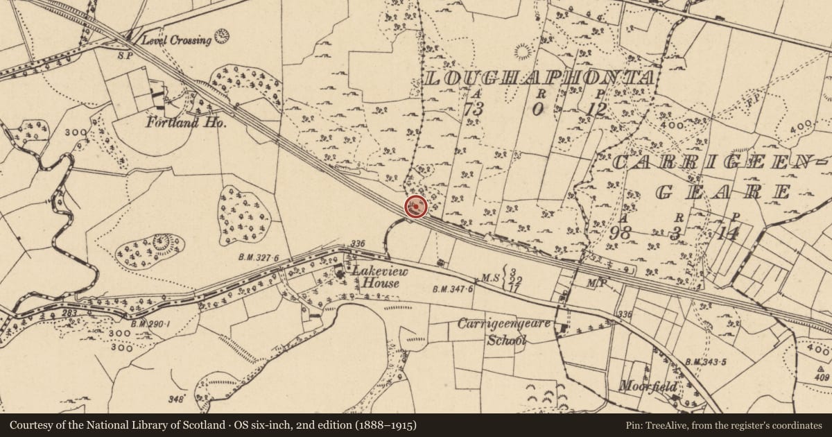 Ordnance Survey six-inch map, 2nd edition (1888–1915) covering the location of Souterrain, Loughaphonta, County Leitrim, with a pin at the register's coordinates