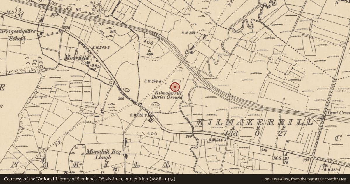 Ordnance Survey six-inch map, 2nd edition (1888–1915) covering the location of Church, Kilmakerrill, County Leitrim, with a pin at the register's coordinates