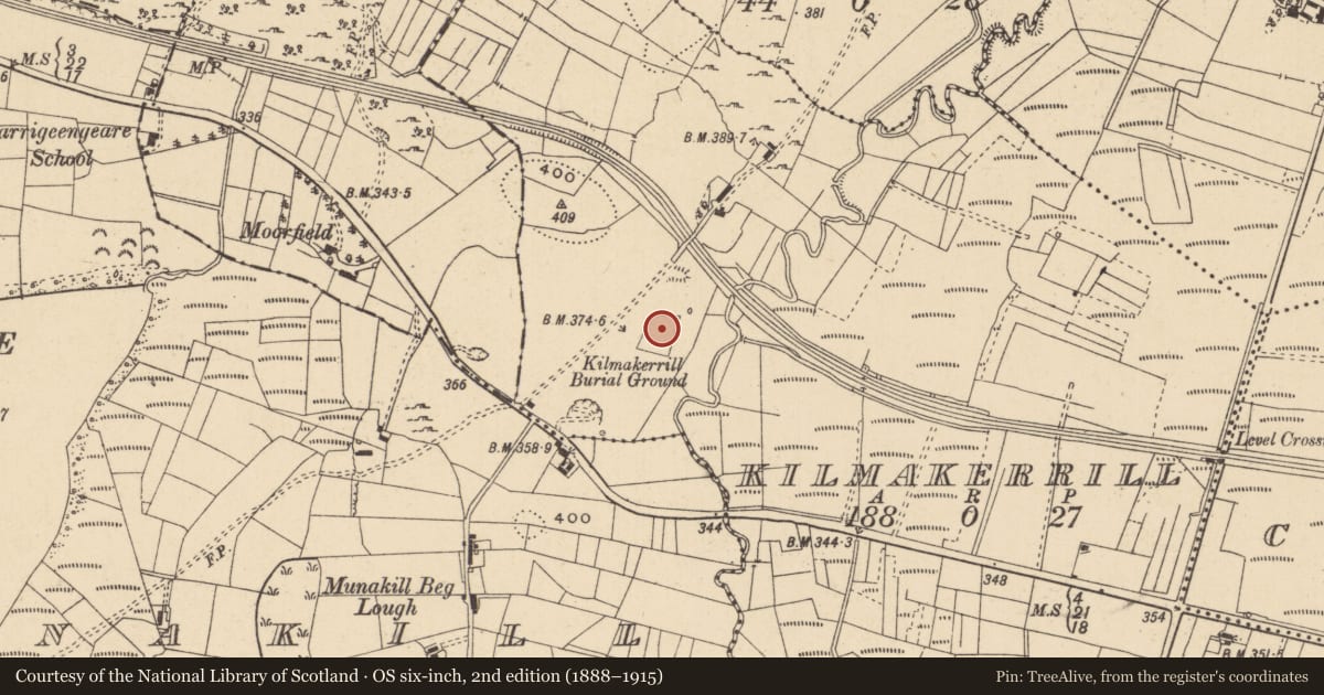 Ordnance Survey six-inch map, 2nd edition (1888–1915) covering the location of Ecclesiastical enclosure, Kilmakerrill, County Leitrim, with a pin at the register's coordinates