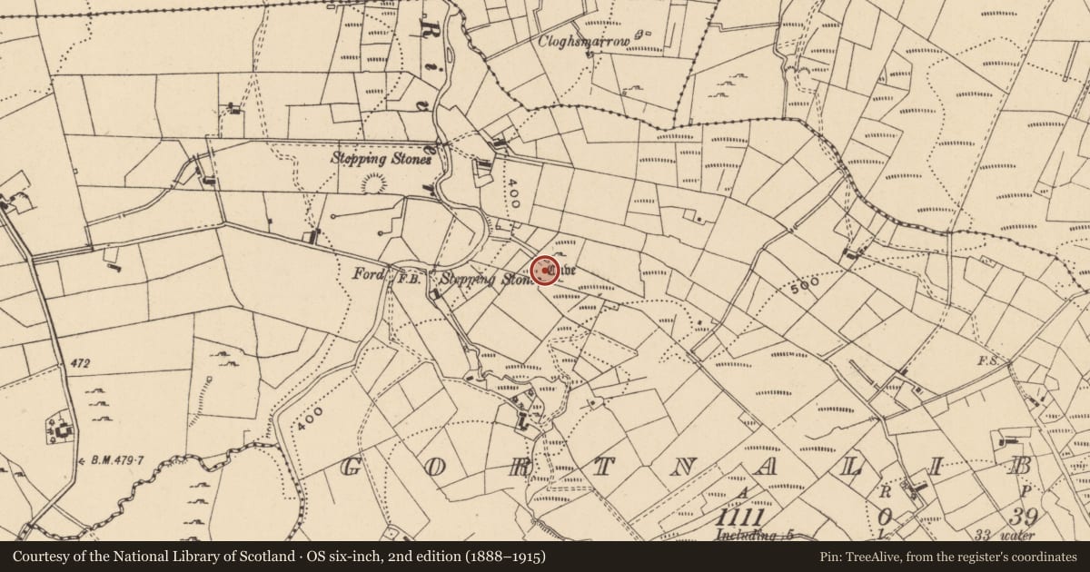 Ordnance Survey six-inch map, 2nd edition (1888–1915) covering the location of Souterrain, Gortnalibbert, County Leitrim, with a pin at the register's coordinates