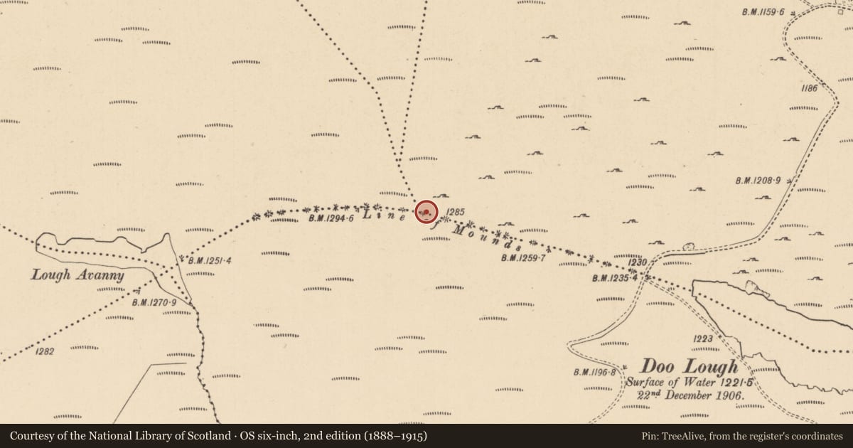 Ordnance Survey six-inch map, 2nd edition (1888–1915) covering the location of Boundary mound, County Leitrim, with a pin at the register's coordinates