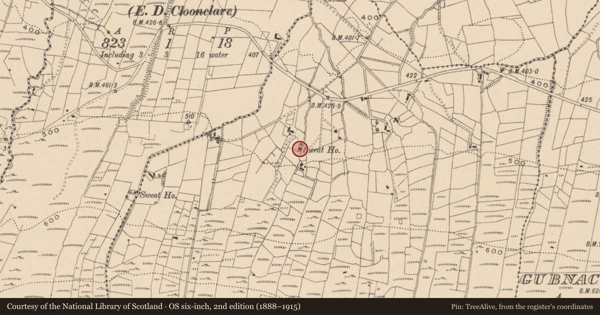 Ordnance Survey six-inch map, 2nd edition (1888–1915) covering the location of Sweathouse, Bronagh, County Leitrim, with a pin at the register's coordinates
