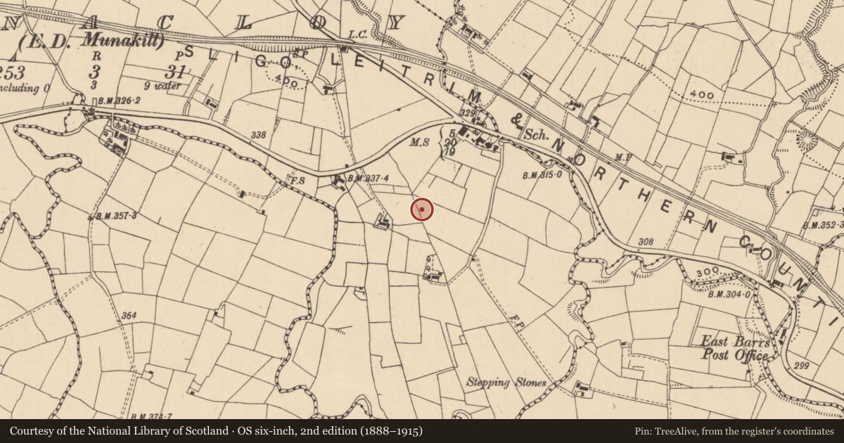 Ordnance Survey six-inch map, 2nd edition (1888–1915) covering the location of Burnt mound, Cornacloy, County Leitrim, with a pin at the register's coordinates
