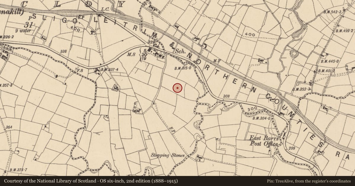 Ordnance Survey six-inch map, 2nd edition (1888–1915) covering the location of Kiln - corn-drying, Cornacloy, County Leitrim, with a pin at the register's coordinates