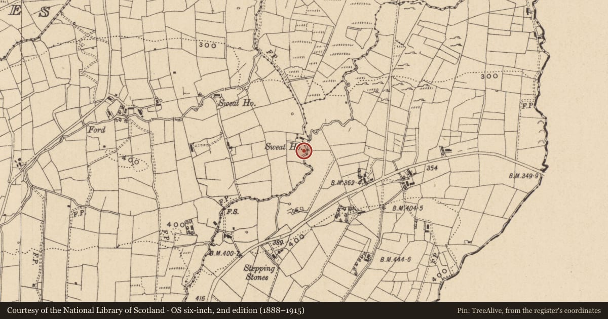 Ordnance Survey six-inch map, 2nd edition (1888–1915) covering the location of Sweathouse, Meenkeeragh, County Leitrim, with a pin at the register's coordinates